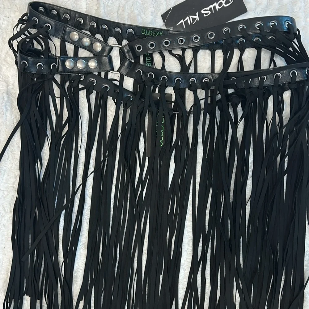 Dolls Kill Nomad Black Fringe Skirt Belt women’s size large XL new faux leather